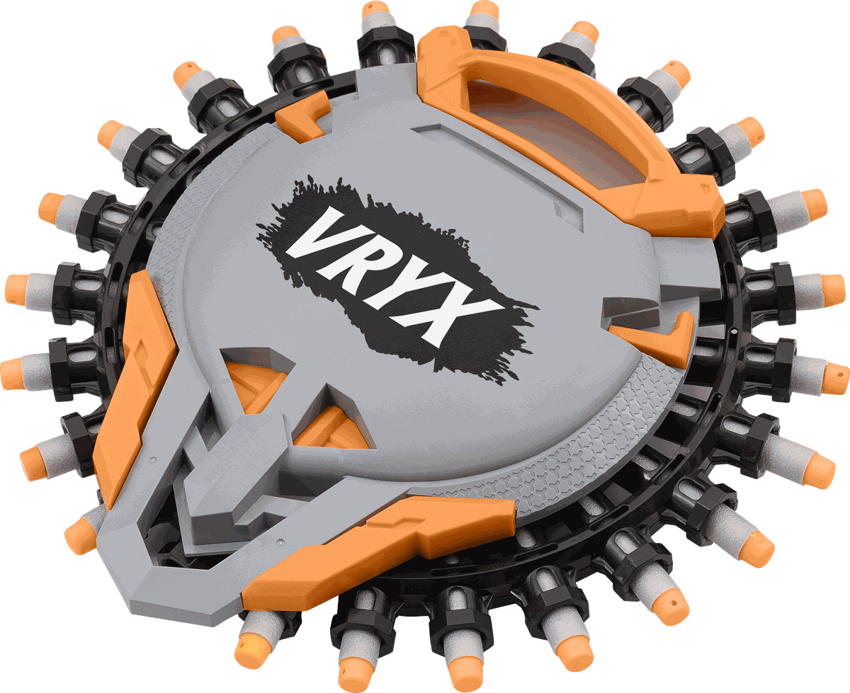 VRYX 24-barrel foam dart blaster shield in orange and grey
